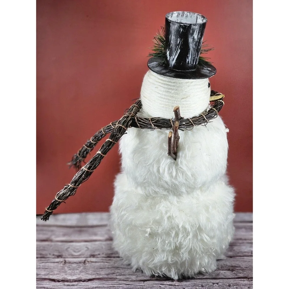 Rustic Snowman Figurine with Twig Arms Wreath Scarf Winter Decor